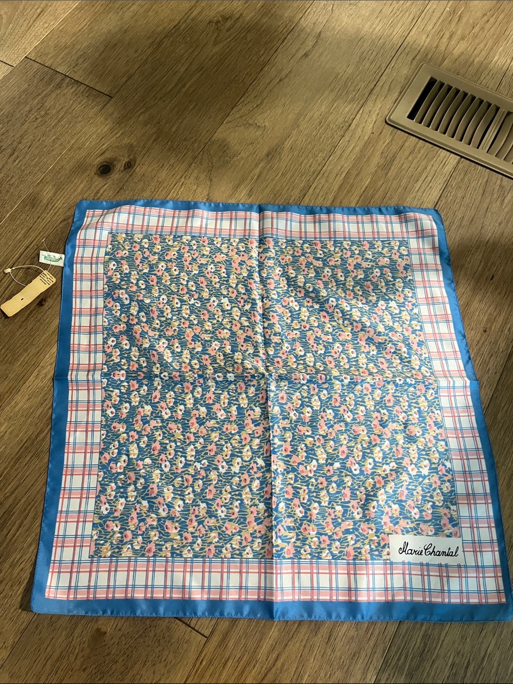 NWT Marie Chantal Blue Floral and Pink Plaid Silk Scarf